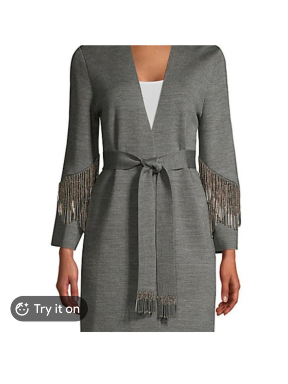 Women's Kobi Halperin Gray Cardigan with Fringe Detail XL